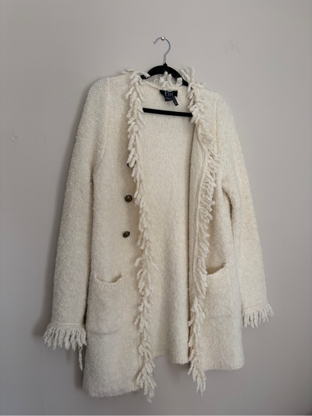 Y2K FDJ White Wool Blend Whimsy Shaggy Fringe Open Front Sweater Coatigan - Picture 13 of 13